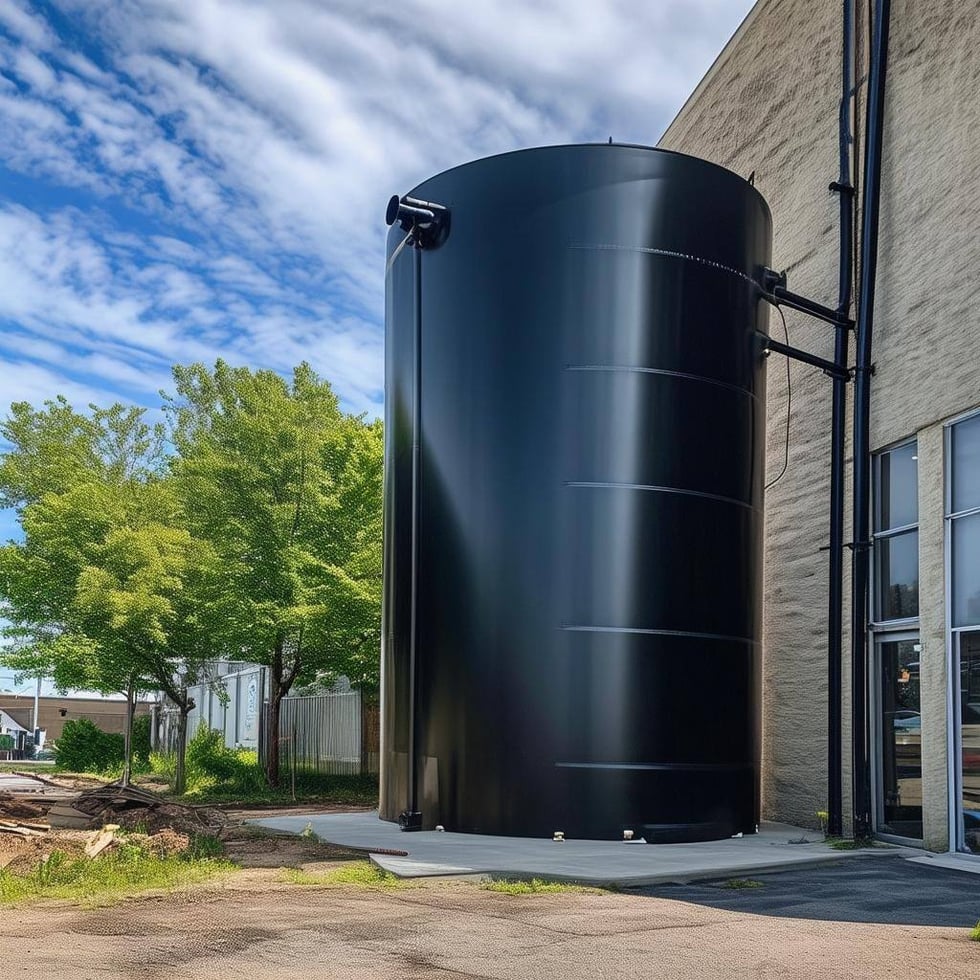 A giant rain cistern attached to a commercial building