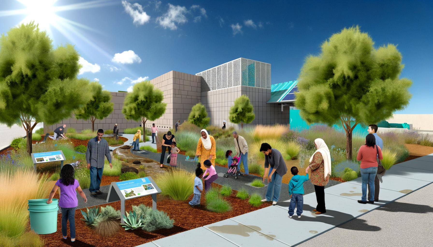 A vibrant community park is depicted, featuring rain gardens and permeable concrete pathways to promote rainwater seepage. The area is engulfed by thr